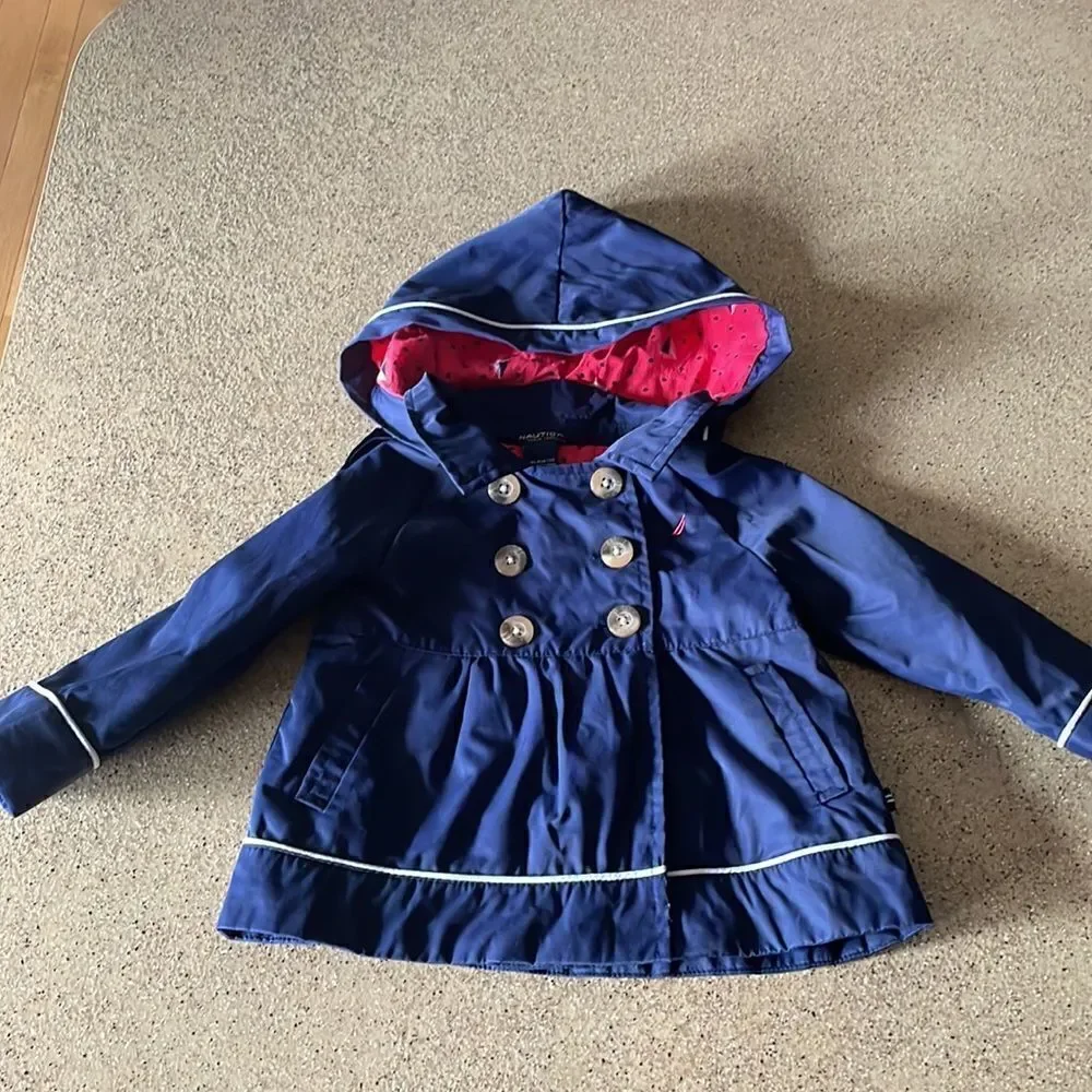Adorable Nautica navy blue infant sailor jacket/pea coat with removable hood